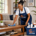 Professional cleaner using house cleaning tips to clean a Nairobi living room faster