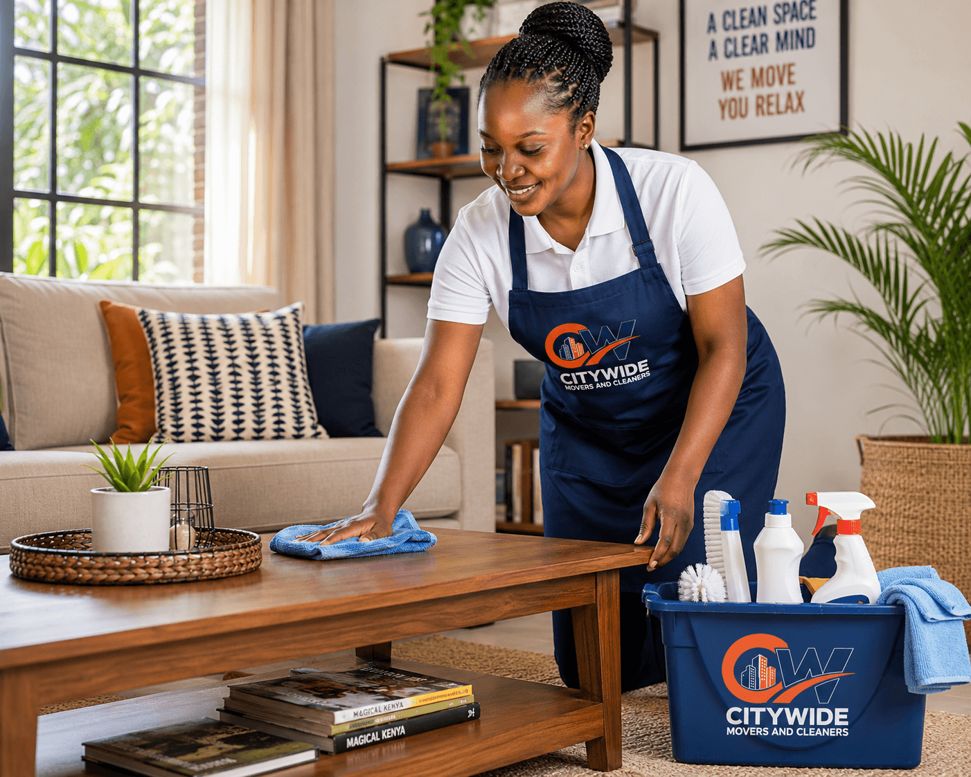 Professional cleaner using house cleaning tips to clean a Nairobi living room faster