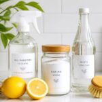 Natural cleaning products arranged on a bright kitchen counter: glass spray bottle, lemons, baking soda in a jar, white vinegar, green plant, bamboo brush — fresh, airy, sustainable aesthetic.