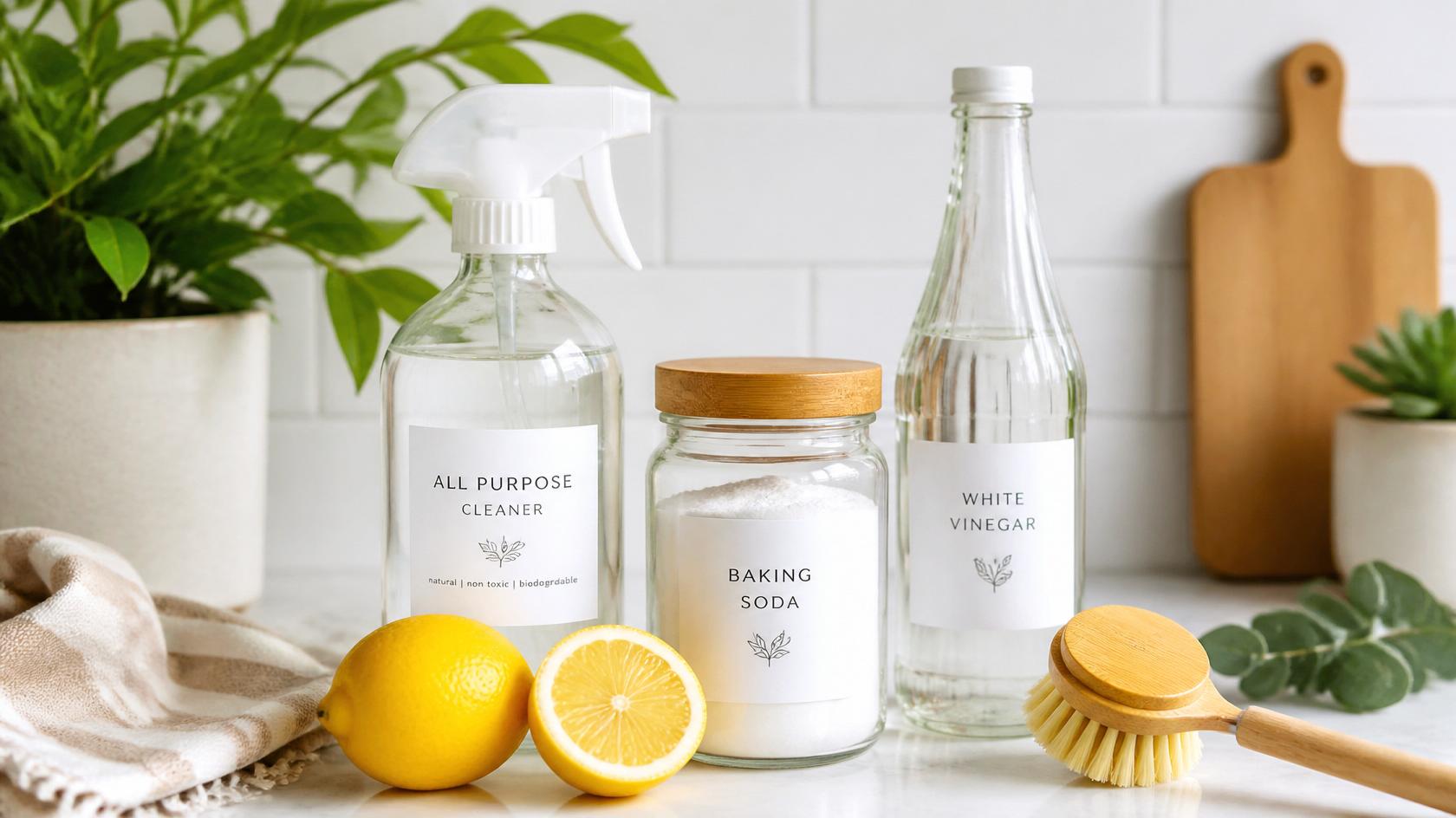 Natural cleaning products arranged on a bright kitchen counter: glass spray bottle, lemons, baking soda in a jar, white vinegar, green plant, bamboo brush — fresh, airy, sustainable aesthetic.